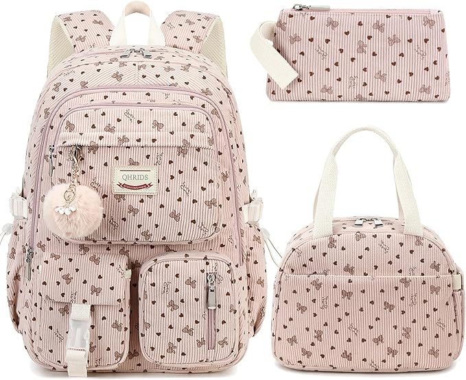 School Backpack Set for Teens Girls Women 3PCS Corduroy Lightweigh Laptop Backpacks with Lunch Box Pencil Kids Elementary Middle High Bags Students 3 in1 Bookbag Travel Daypack, Pink Bowknot