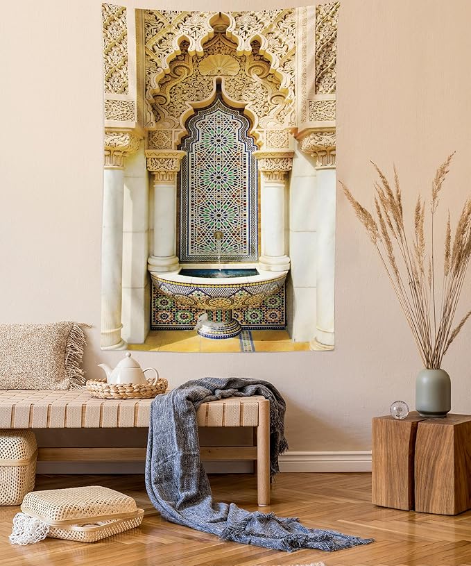 Ambesonne Moroccan Tapestry, Vintage Building Design Art Historic Exterior Facade with Mosaic Print, Fabric Wall Hanging Decor for Bedroom Living Room Dorm, 30" X 45", Ivory Pale Brown Blue