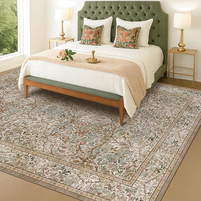Vintage Moss Green Living Room Rug, 8x10 Washable Area Rugs for Bedroom, Dining Room Rugs Under Kitchen Table, Oriental Taupe Low Pile Stain Resistant Non-Slip Large Rug
