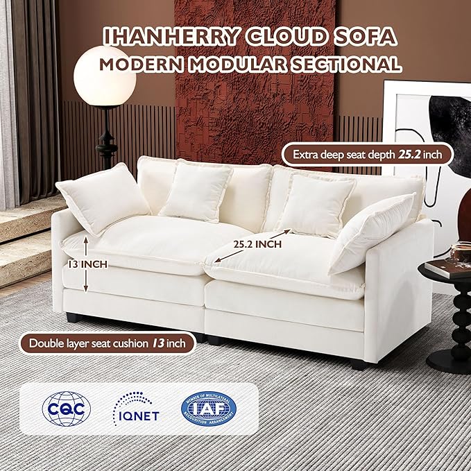 Ihanherry Cloud Sofa 77 Inch Loveseat, Modern Sectional Couch, 2-Seats Sofa for Living Room Bedroom and Apartment, Comfy Double Layer Upholstered Seat Cushion, Breathable Chenille Fabric, Beige