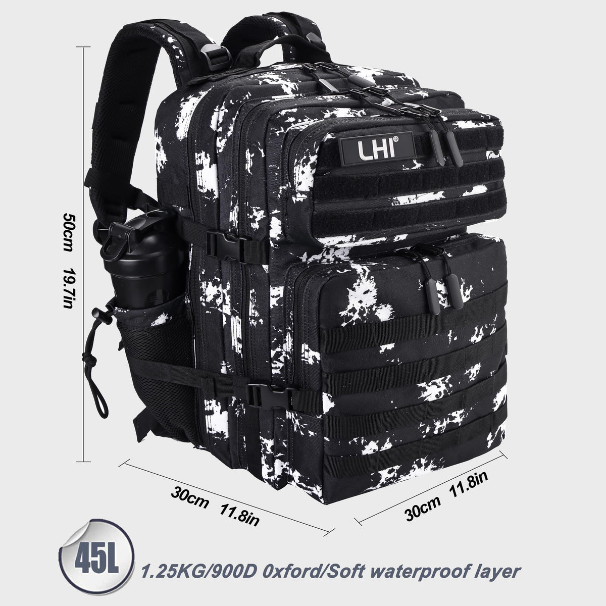 LHI Military Tactical Backpack for Men and Women 45L Army 3 Days Assault Pack Bag Large Rucksack with Shoe Compartment - Black Lightning