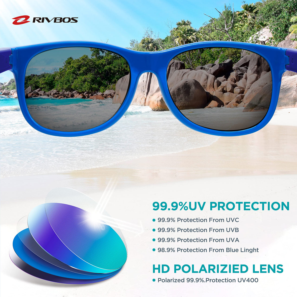 RIVBOS Kids Sunglasses with Strap Polarized UV Protection Flexible Rubber Shades for Boys Girls RBK023