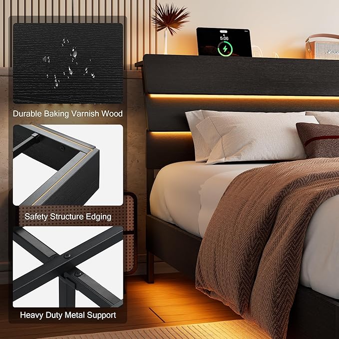 Floating Bed Frame Full Size with Led Headboard and Charging Station, Metal Platform Bed Base with Storage, Remote Control, Heavy Slats Support, No Box Spring Needed, Noise Free, Black