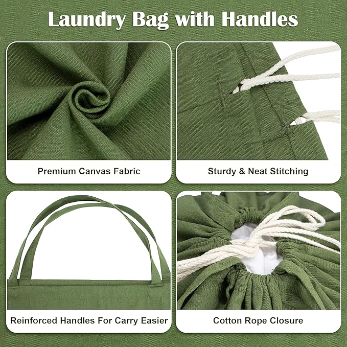 Canvas Laundry Bags with Handles & Square Base 13.8"Lx13.8"Wx27.6"H, Large Heavy Duty Laundry Basket Hamper Liner, College Dorm Washable Drawstring Canvas Dirty Clothes Bag (Army Green)