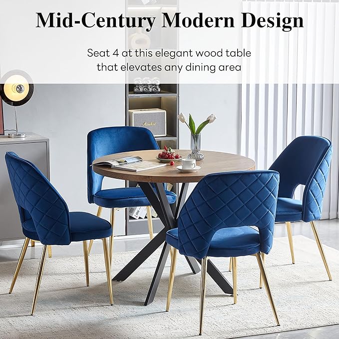 NORDICANA 5-Piece Dining Table Set for 4 - Space Saving 37-Inch Round Table and Chairs, 4 Seaters Dining Set with Upholstered Dining Chairs (Navy Blue)