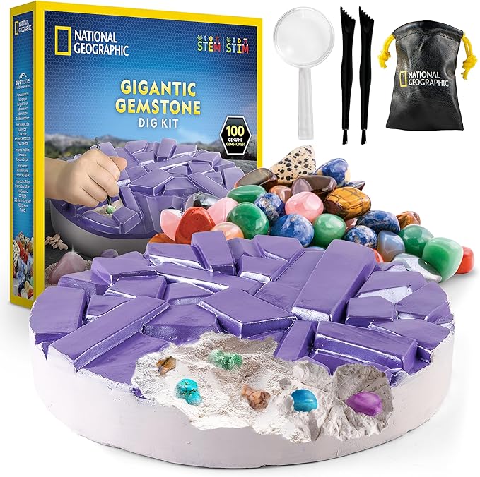 National Geographic Gigantic Gemstone Dig Kit – Excavate 100 Real Gems from a Giant Dig Brick, Gem Mining Kit for Kids, STEM Rock Collection Activity, Includes Tools & Learning Guide