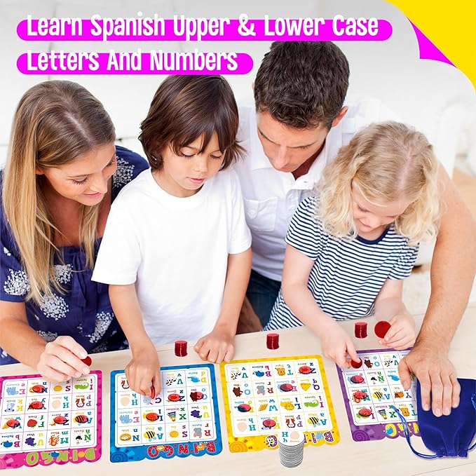 SpriteGru Spanish Bingo Game, 12 Bingo Board Spanish Letters, Numbers & Words Vocabulary Game, Early Educational Toys for Learning - Ages 4 and up, Perfect for Classroom & at Home (Up to 12 Players)