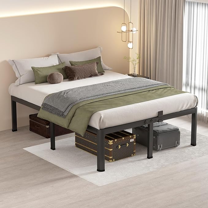 MAF 16 Inch California King Bed Frame with Round Corner Legs Mattress Slide Stopper No Box Spring Needed Heavy Duty Metal Platform Bed Frames, 3000 LBS Steel Slats Support