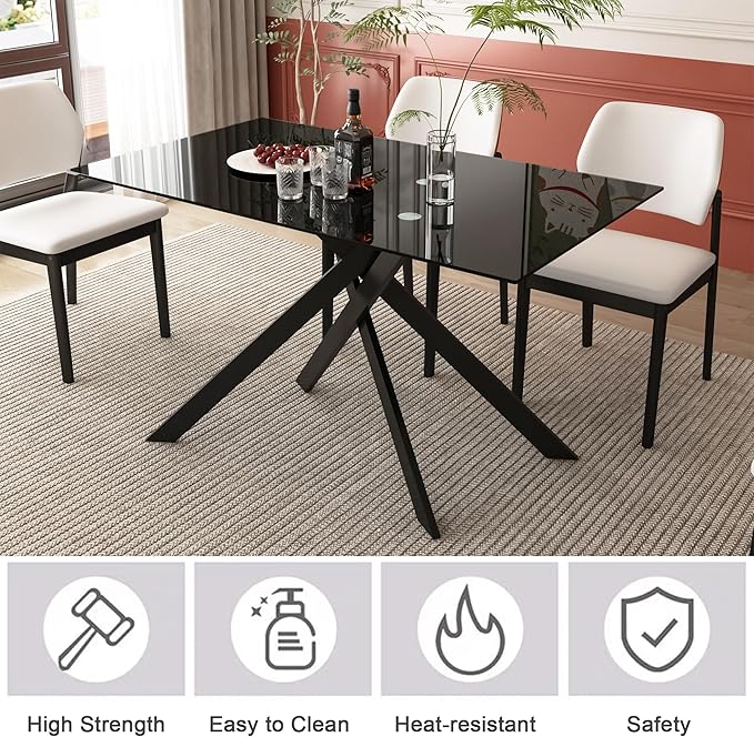 51" Rectangular Glass Dining Table Modern Kitchen Glass Top Table for 4 with Black Metal Legs, Clear Dining Table Kitchen Table for Home Office Dining Room