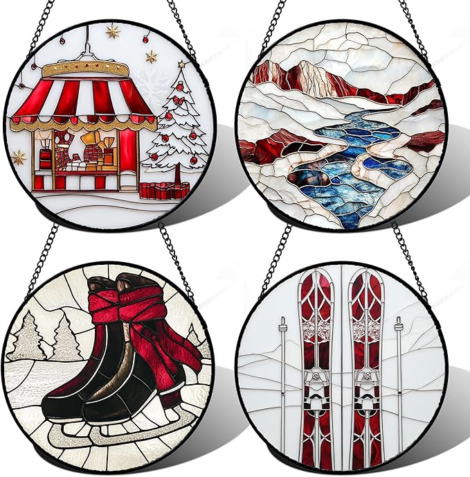Stained Glass Window Hanging 4 Pcs Set Winter Skiing Red Christmas House Large 11.8" - Suncatcher Door Garden Sun Catcher Decor Birthday Mother's Day for Mom Woman Nana Friend