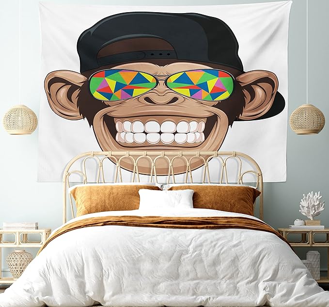 Ambesonne Cartoon Tapestry King Size, Fun Hipster Monkey with Colorful Sunglasses and Hat Rapper Hippie Ape Art, Wall Hanging Bedspread Bed Cover Wall Decor, 104" X 88", White Brown