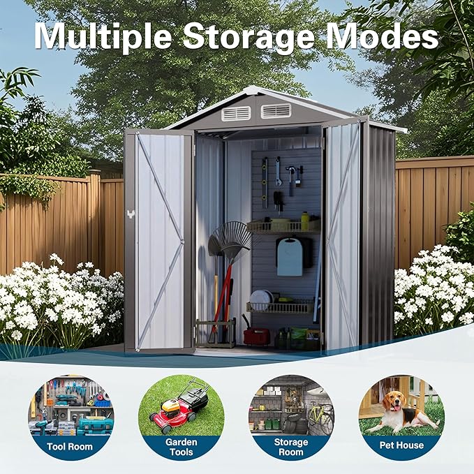5 x 3 FT Outdoor Storage Shed, Metal Garden Tool Shed with Slooping Roof, Lockable Doors, All-Weather Bike Shed Easy to Assemble for Backyard, Patio, Lawn, Grey