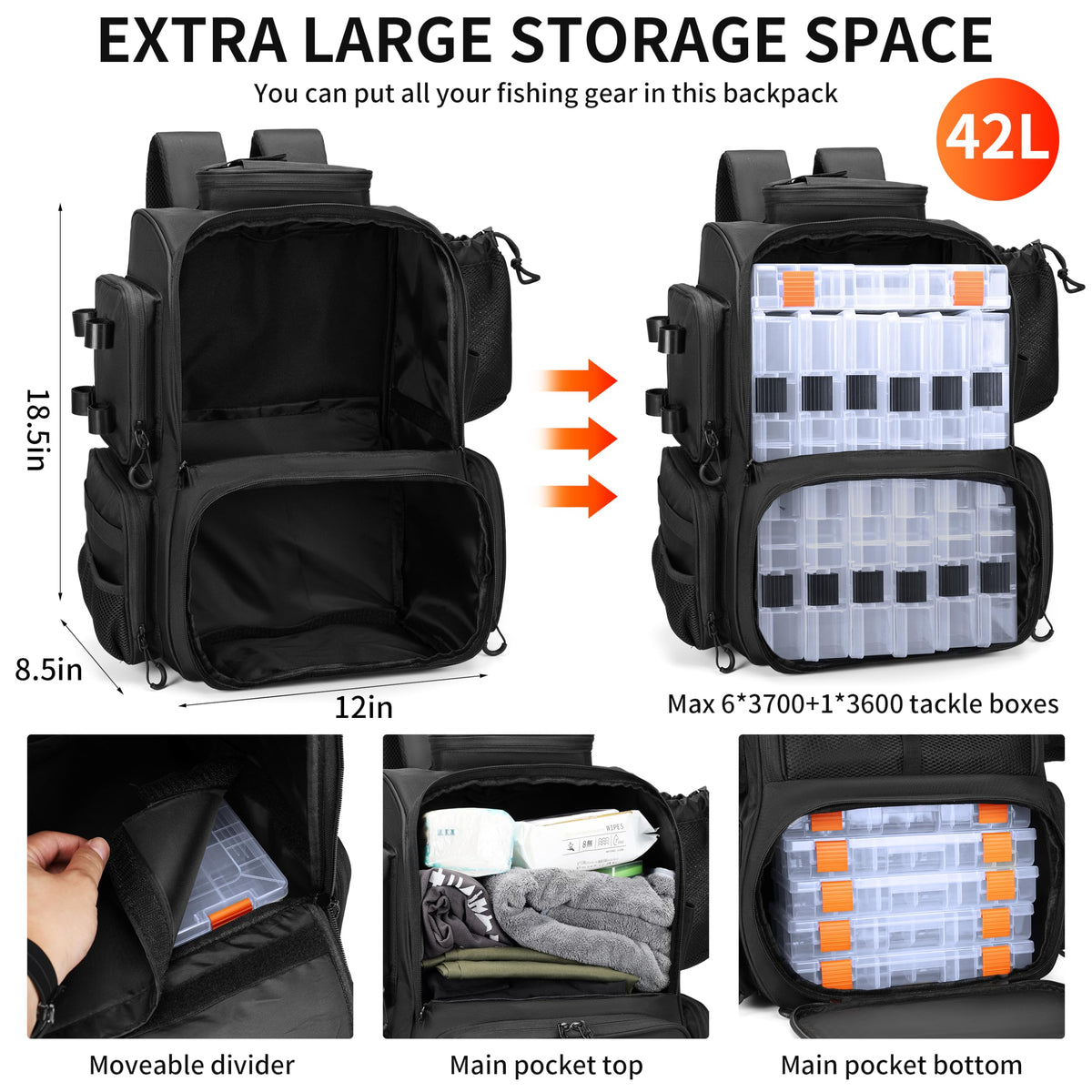 Rabjen Fishing Tackle Backpack with Rod Holders, Bottle Holder, Storage Bag Store Fishing Gear