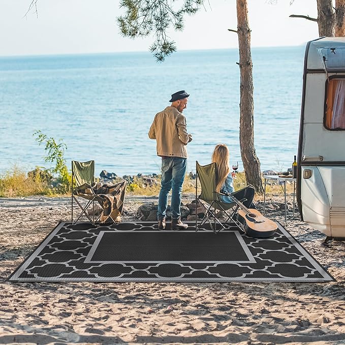 GENIMO Outdoor Rug 9' x 12' Waterproof for Patio Decor, Reversible Plastic Straw Area Rugs Mat for Camper, Outside Carpet for Camping, Rv, Deck, Porch, Picnic, Beach, Balcony, Black & Grey