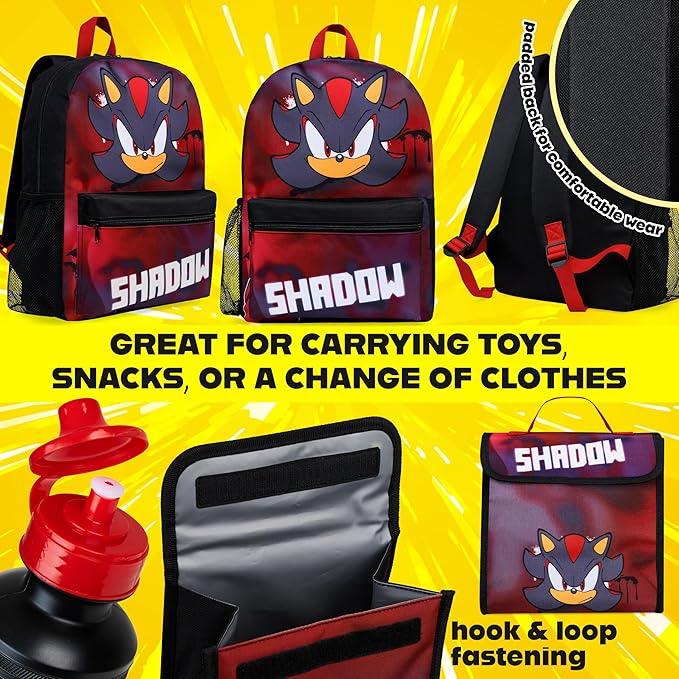 Sonic The Hedgehog Backpack Set 4 Pcs with Insulated Lunch Bag Water Bottle Pencil Case Shadow School Supplies Gift for Kids (Shadow 4 Pcs Set)