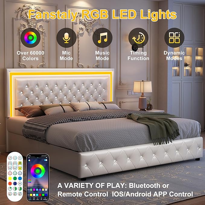 King Led Bed Frame with 4 Storage Drawers, Bed Frame with Led Lights, No Box Spring Needed, 900 lbs Capacity, Easy Assembly, PU White