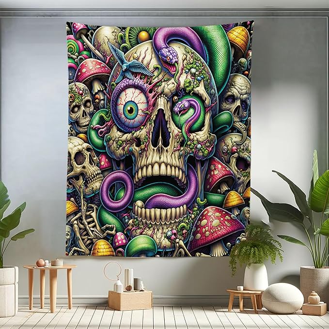 Ambesonne Trippy Tapestry Twin Size, Spooky Artwork of Psychedelic Snake Mushroom Huddles Skulls Monster Eye, Wall Hanging Bedspread Bed Cover Wall Decor, 68" X 88", Green Purple Pale Khaki