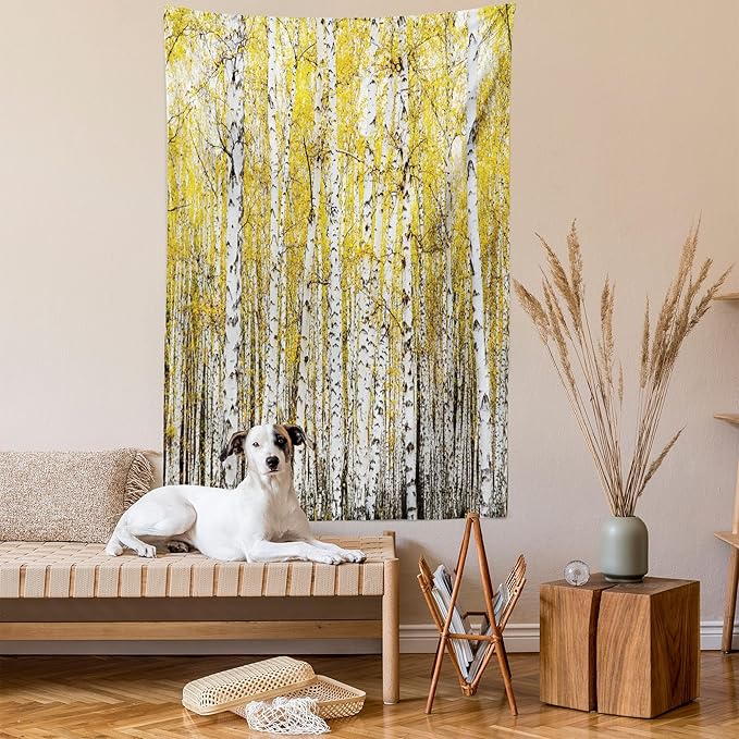 Ambesonne Forest Tapestry, Autumn Birch Forest Golden Yellow Leaves Woodland October Seasonal Nature Picture, Fabric Wall Hanging Decor for Bedroom Living Room Dorm, 30" X 45", Yellow Grey