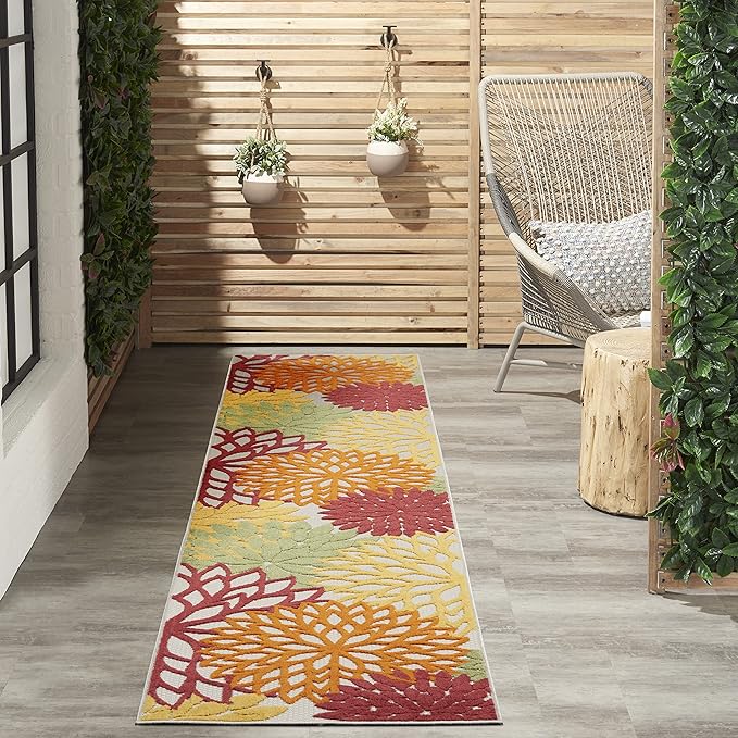 Nourison Aloha Indoor/Outdoor Red Multi Colored 2'3" x 12' Area Rug, Tropical, Botanical, Easy Cleaning, Non Shedding, Bed Room, Living Room, Dining Room, Deck, Backyard, Patio (2x12)