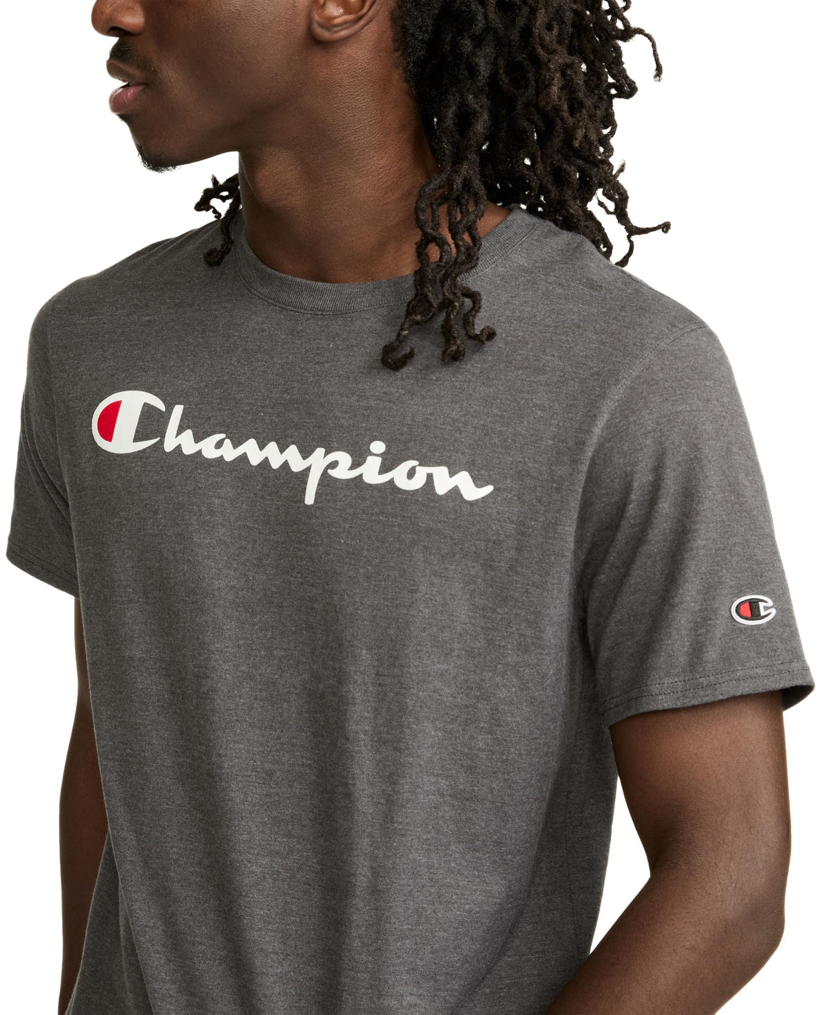Champion Men's Graphic Short Sleeve T-Shirt, Standard Fit, Classic Script Logo, Midweight 100% Cotton, Available in Regular and Big & Tall, Granite Heather, Large