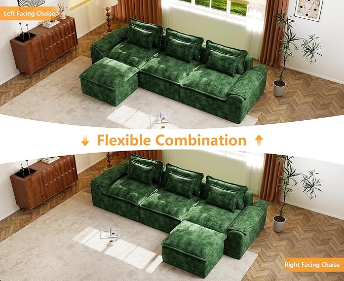 Hobestluk 120" Cloud Modular Sectional Couch 3-Seater Sofa with Ottoman L Shaped Sofa with Removable Cover Large Sofa Couch for Living Room (Green, 3-Seater Sofa with One Ottoman)