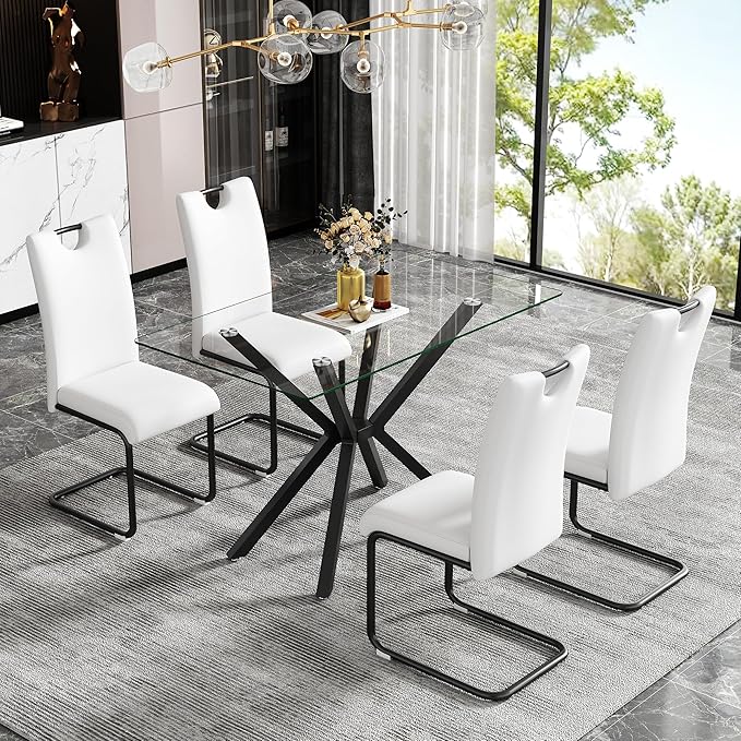 47.24" Rectangular Glass Dining Table Modern Kitchen Glass Top Table for 4 with Black Metal Legs, Clear Dining Table Kitchen Table for Home Office Dining Room