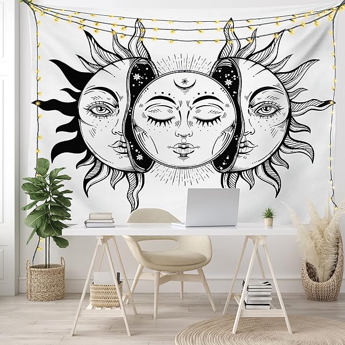 Ambesonne Moon Tapestry Queen Size, Monochrome Sun and Moon Pattern Oriental Image Culture Inspired Design Print, Wall Hanging Bedspread Bed Cover Wall Decor, 88" X 88", White Black