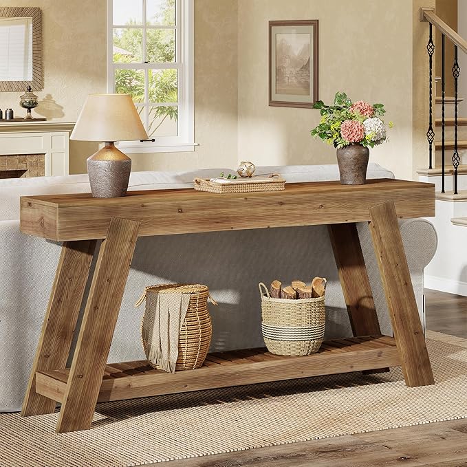 Solid Wood Console Table, 62.9-Inch Long Narrow Entryway Sofa Table with Storage Shelf for Living Room Hallway Entrance