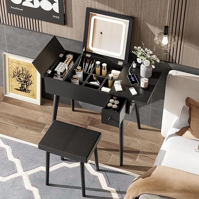 Black Makeup Vanity Desk with Flip Top Mirror and LED Light, Dressing Table Set with Cushioned Stool, Charging Station, 2 Drawers and Fold-up Panel for Bedroom ﻿