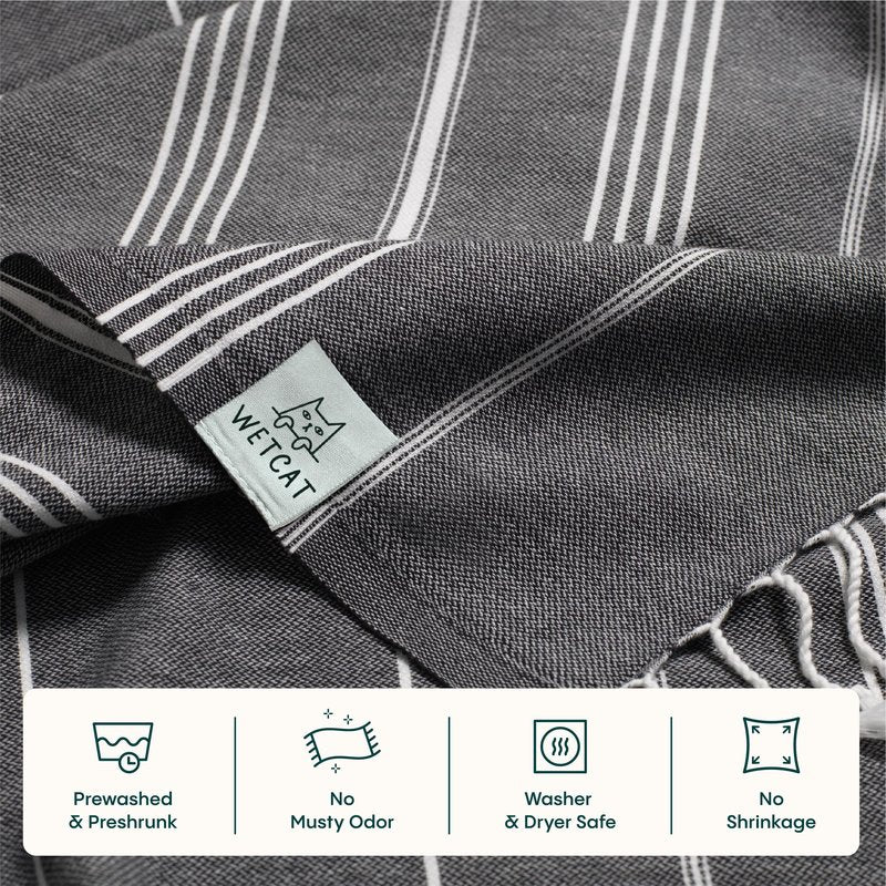 WETCAT Turkish Beach Towel Oversized (38"x71") 100% Turkish Cotton, Made in Turkey - Sand Free, Extra Large, Ultra Soft, Quick Drying, Compact & Lightweight for Travel - Black