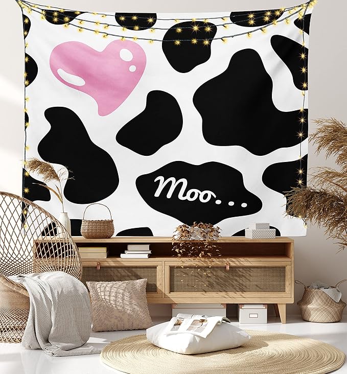 Ambesonne Cow Print Tapestry Queen Size, Camouflage Hide Skin Pattern in Pastel Color Shades Heart Shape Moo, Wall Hanging Bedspread Bed Cover Wall Decor, Queen Size, Pink Black White