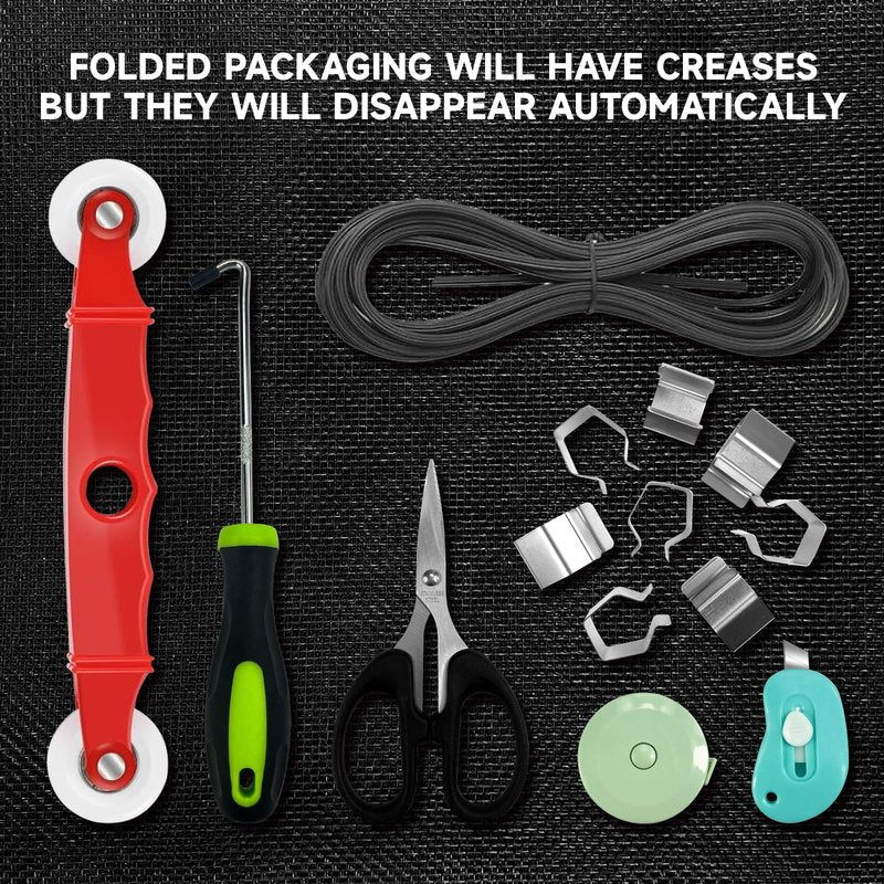 Window Screen Door Repair/Replacement Kit,48" x178" Adjustable Durable Fiberglass Window Screen Mesh,with Spline/Roller/Hook/Clips Screen Door Repair Kit,DIY Window,Porch Sliding Door(Black)