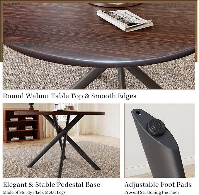 45.3'' Walnut Round Dining Table Set for 4, Mid Century Modern Small Coffee Set for Dining Room Kitchen Apartment (Walnut Table + 4 White Chairs)