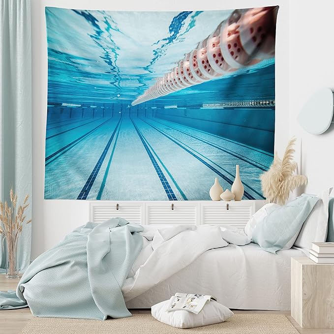 Ambesonne Sports Tapestry, Swimming Pool Underwater View Relaxing Exercise Hobby Leisure Activity Theme Picture, Fabric Wall Hanging Decor for Bedroom Living Room Dorm, 45" X 30", Sky Blue