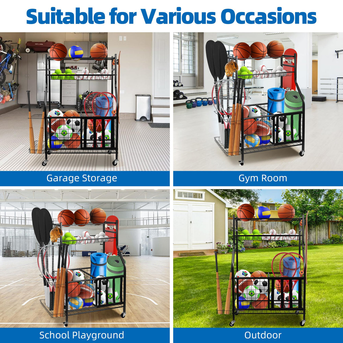 YOUNITA Garage Sports Equipment Organizer, Ball Storage Rack,Garage golf Organizer with Basket and Hooks,Rolling Sports Ball Storage Cart for Toy Gear Storage (45.71 inch)