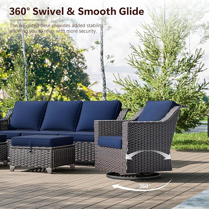 6 Pieces Wicker Patio Furniture, Luxury Outdoor Furniture with 2 Patio Swivel Chair, 3-Seater Sofa, 2 Patio Ottoman and 1 Side Table, Wide Armrest, Thickened Cushions