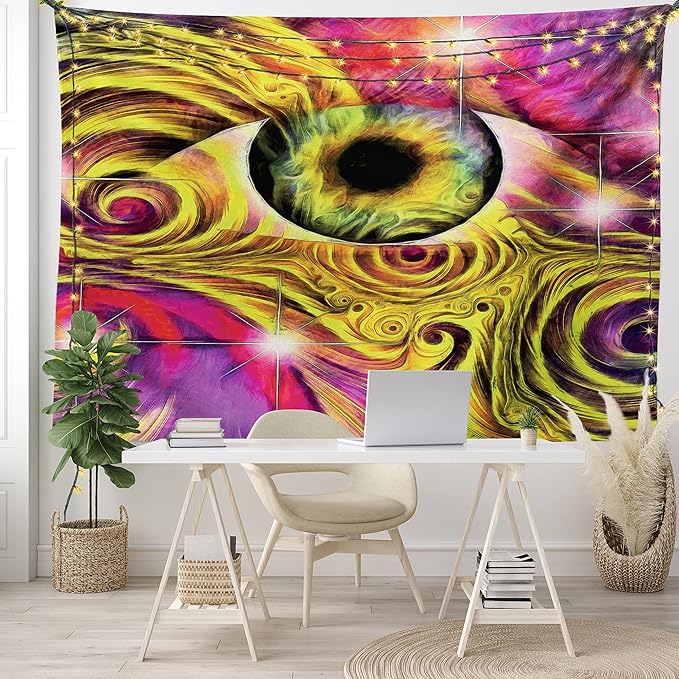 Ambesonne Psychedelic Tapestry, Hippie Hallucinatory Eye in Vivid Colors with Optical Swirl Lines Graphic, Fabric Wall Hanging Decor for Bedroom Living Room Dorm, 45" X 30", Fuchsia Yellow