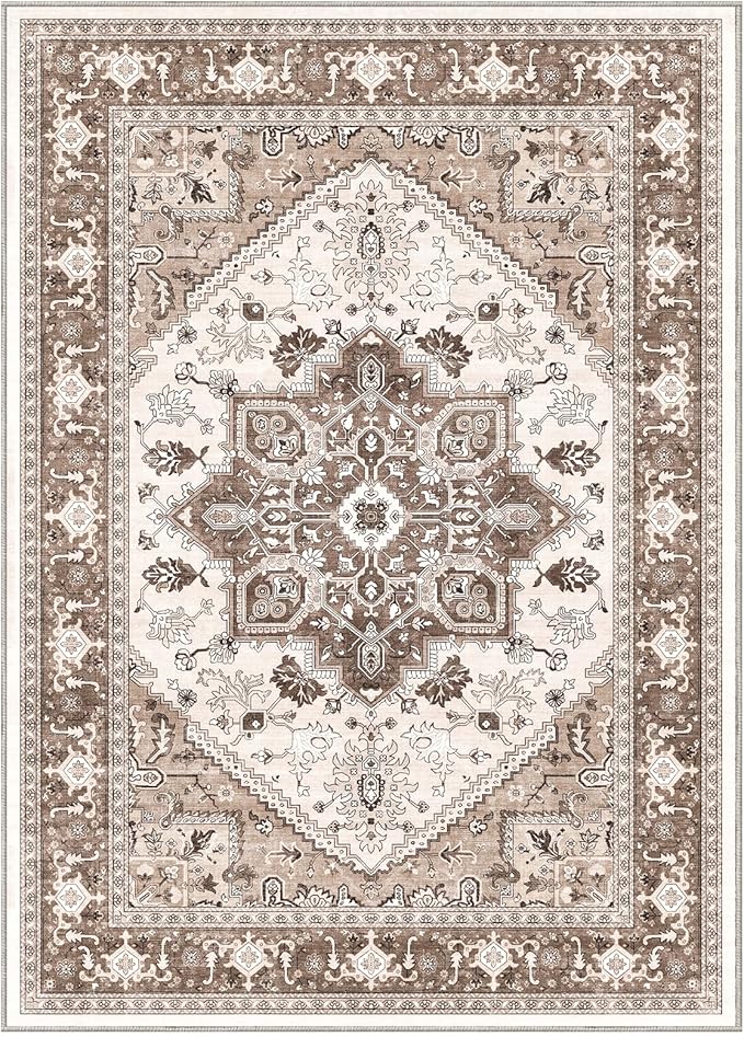 OPPODREAM Thin 6x9 Area Rugs, Washable Rug 6x9 with Non Slip Backing, Faux Cashmere Low-Pile 6 x 9 Carpet, Brown