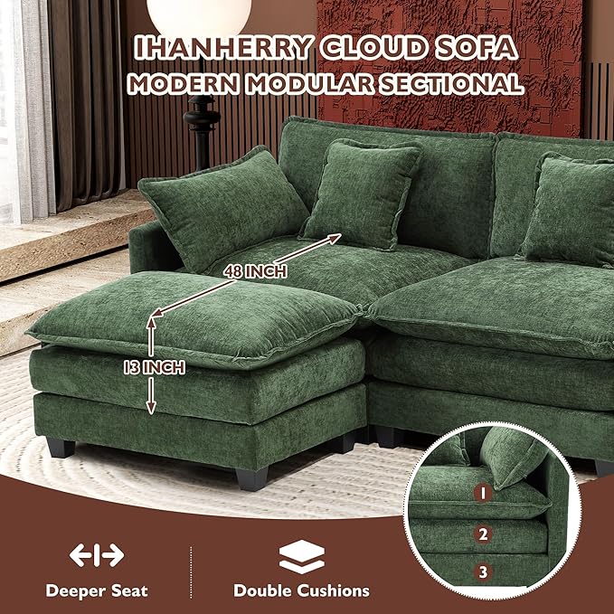 Ihanherry 111.4" U Shaped Modern Sofa Modular Sectional Cloud Couch with 2 Ottoman, 5-Seat Chenille Deep Seat Sofa with Pillow for Living Room, Bedroom and Apartment, Green