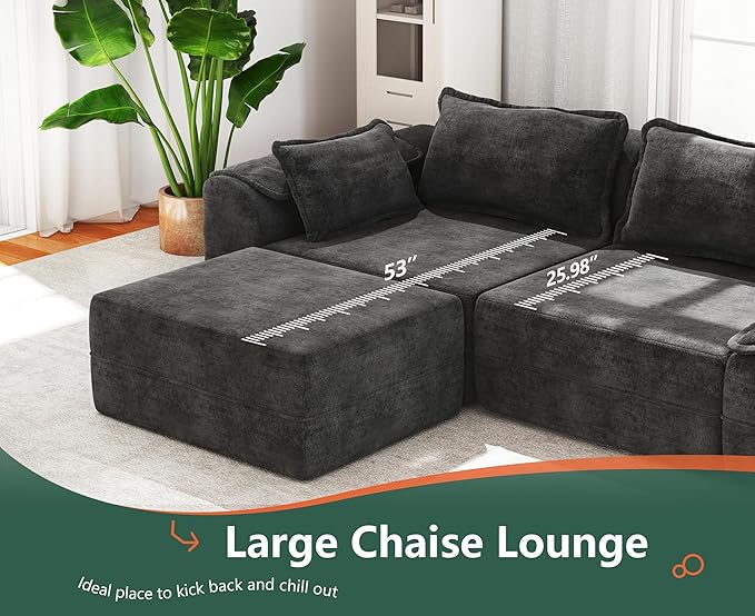 Hobestluk 120" Cloud Modular Sectional Couch 3-Seater Sofa with Ottoman L Shaped Sofa with Removable Cover Large Sofa Couch for Living Room (Dark Grey, 3-Seater Sofa with One Ottoman)