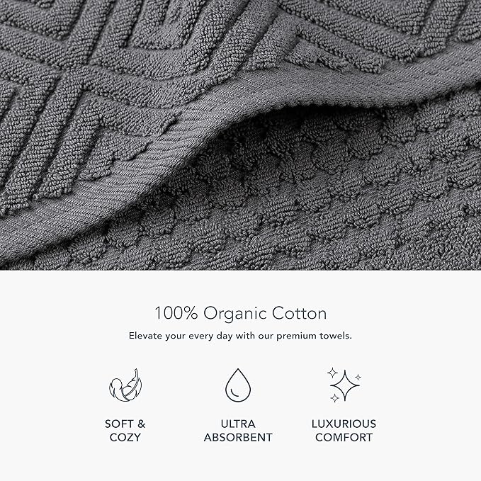 Texere 100% Organic Cotton Diamond Jacquard 700 GSM Luxury Bath Towel Sets - Ultra Soft and Absorbent Hotel and Spa Quality (Diamond, Charcoal, 2 Bath & 2 Hand Towels)