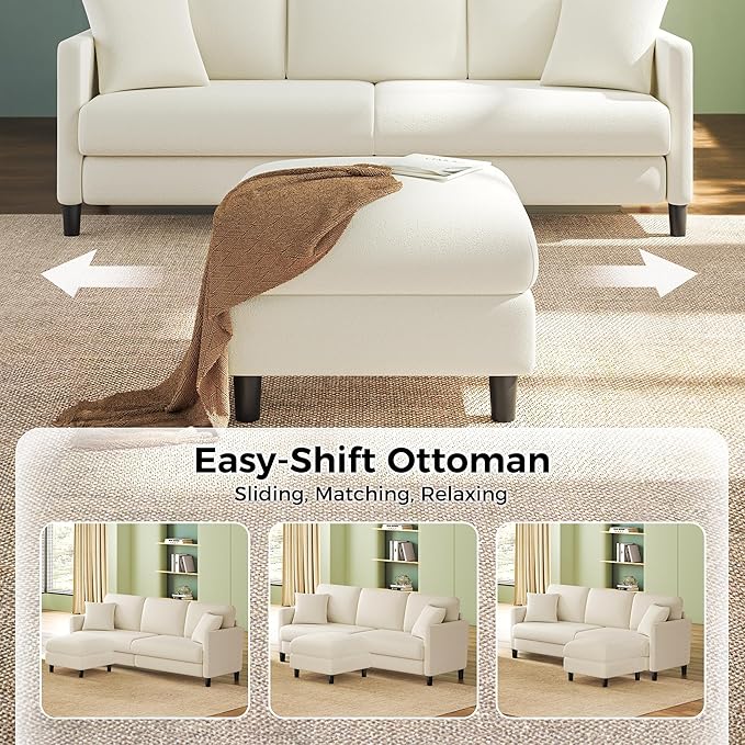 83" Couches for Living Room, Comfy Sofas for Living Room with Storage Ottoman, Teddy Sofa Couch, Tool-Free Loveseat Sofa, All-Wood Love Seat Couches, L Shaped Couch 2 Pillow Included, Beige