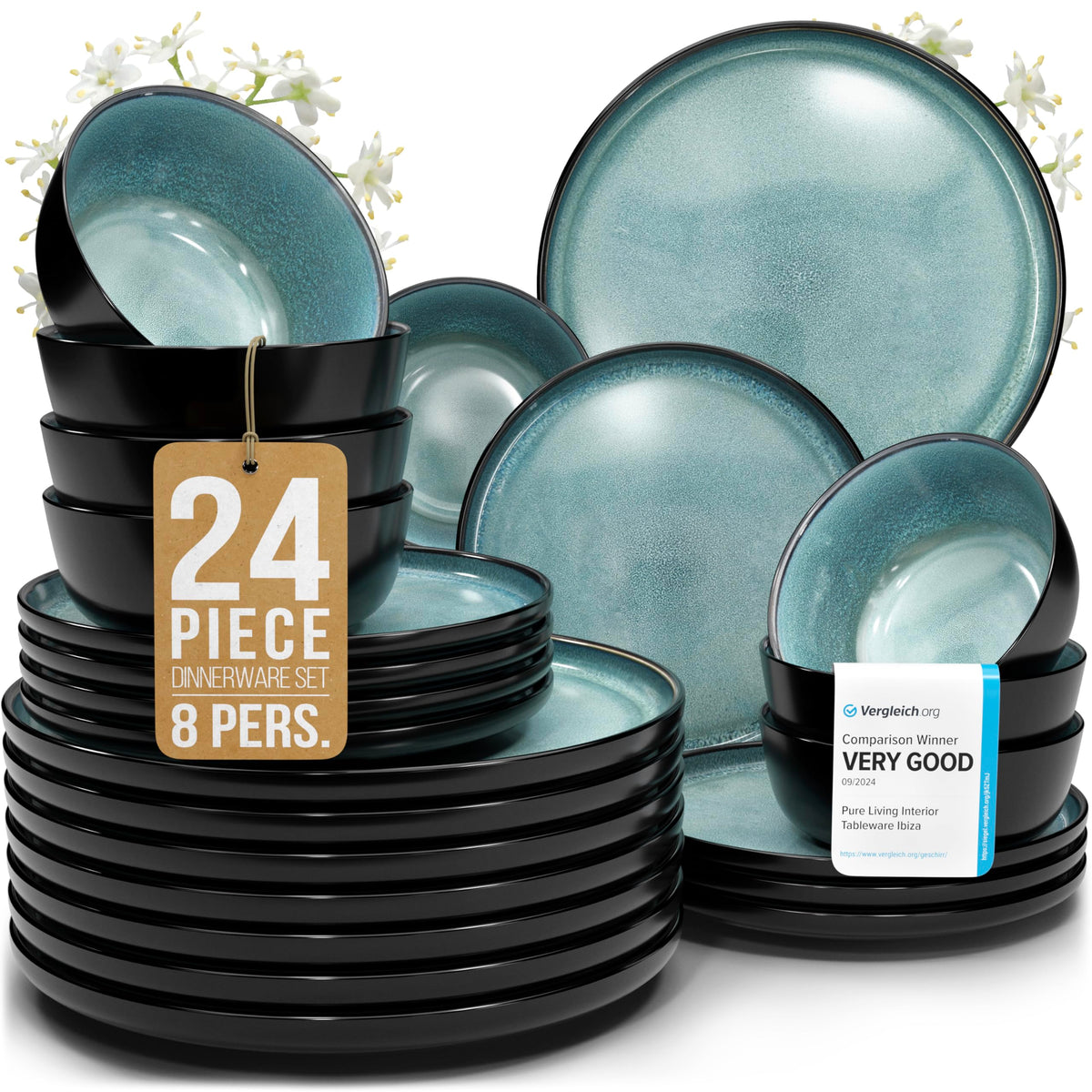 24 Piece Stoneware Dinnerware Set for 8, Handmade Plates and Bowls Set