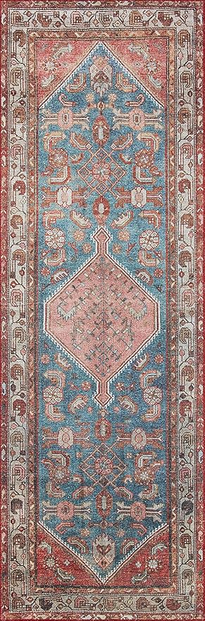 Loloi Layla Collection LAY-10 Marine/Clay 2'-0" x 5'-0" .13" Thick Accent Rug, Soft, Durable, Vintage Inspired, Distressed, Low Pile, Non-Shedding, Easy Clean, Printed, Living Room Rug