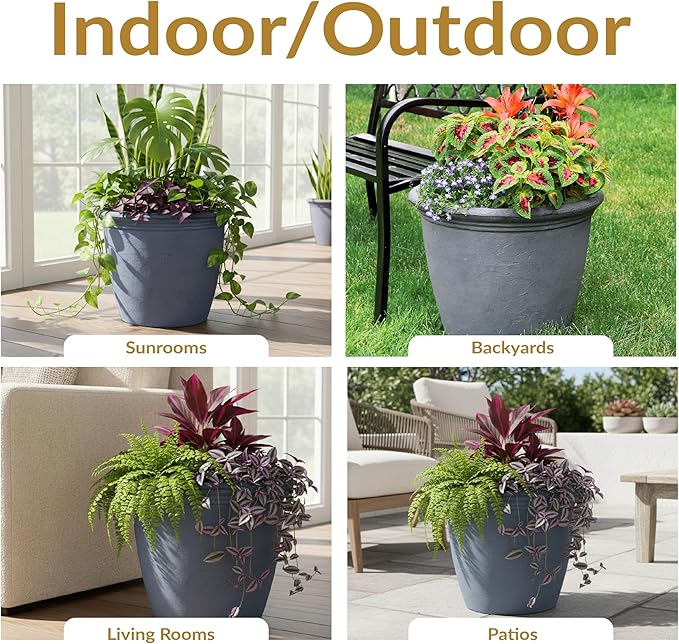 Sunnydaze 20-Inch Anjelica Large Plastic Pot for Plants - Double-Walled Outdoor Polyresin Round Planter Porch Pot with Drillable Drainage Holes - Slate