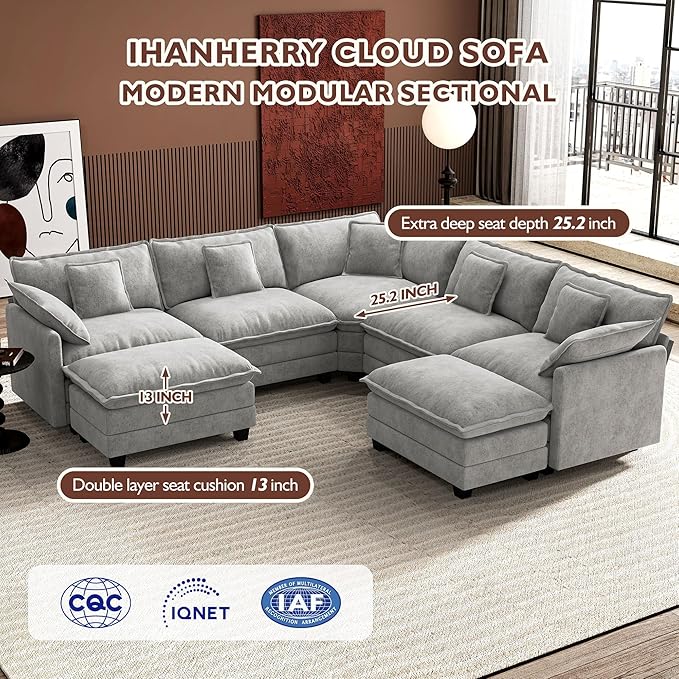 Ihanherry 114" V-Shaped Modern Sofa Modular Sectional Cloud Couch with 2 Ottoman, 7-Seat Chenille Deep Seat Sofa with Corner Section for Living Room, Bedroom and Apartment, Grey