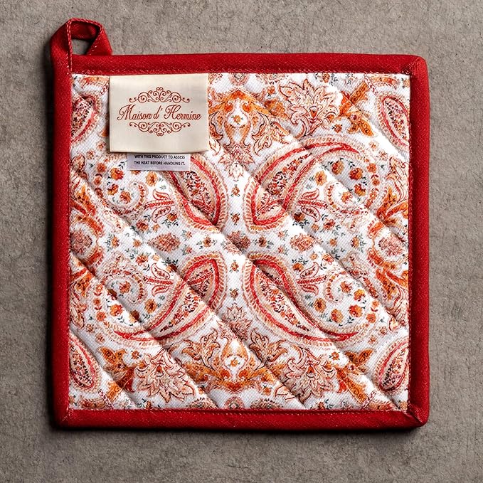 Maison d' Hermine Pot Holders 100% Cotton Heat Resistant Potholders 8" x 8" Hot Pads with Loop for Thanksgiving Christmas Decorations BBQ Cooking Baking Handling Hot Pans (Pack of 1, Orient)