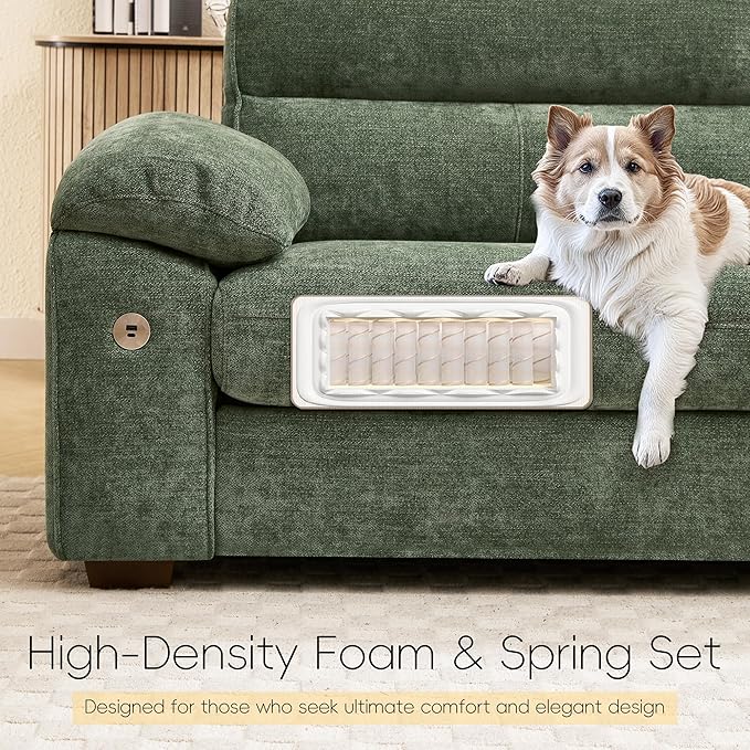 Ihanherry 92" Modern Sofa for Living Room, Deep Seat Chenille Couch with Fast Charging Port & Removable Washable Cushions, Pillow-Armrest Loveseat for Small Space/Apartment, Sturdy Frame, Green