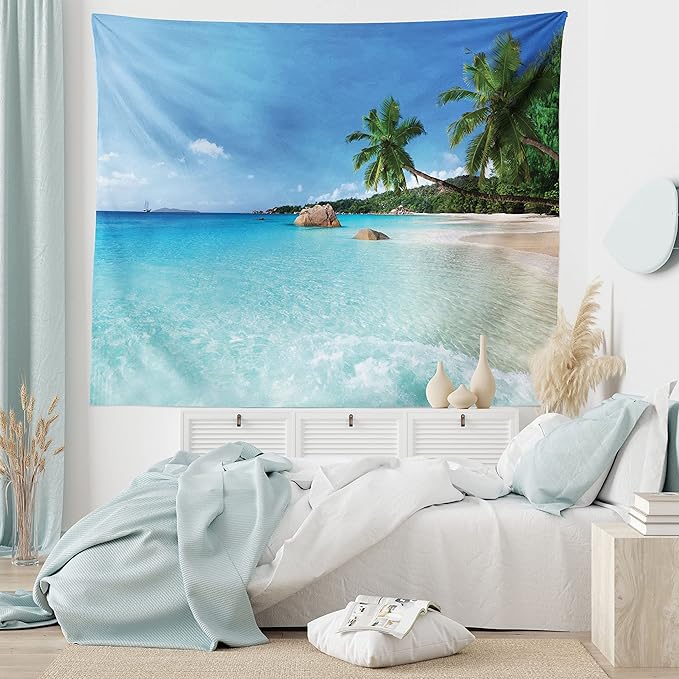 Ambesonne Ocean Tapestry King Size, Anse Lazio Beach at Praslin Island Surfing Beach Scenic View Travel, Wall Hanging Bedspread Bed Cover Wall Decor, 104" X 88", Blue and Turquoise