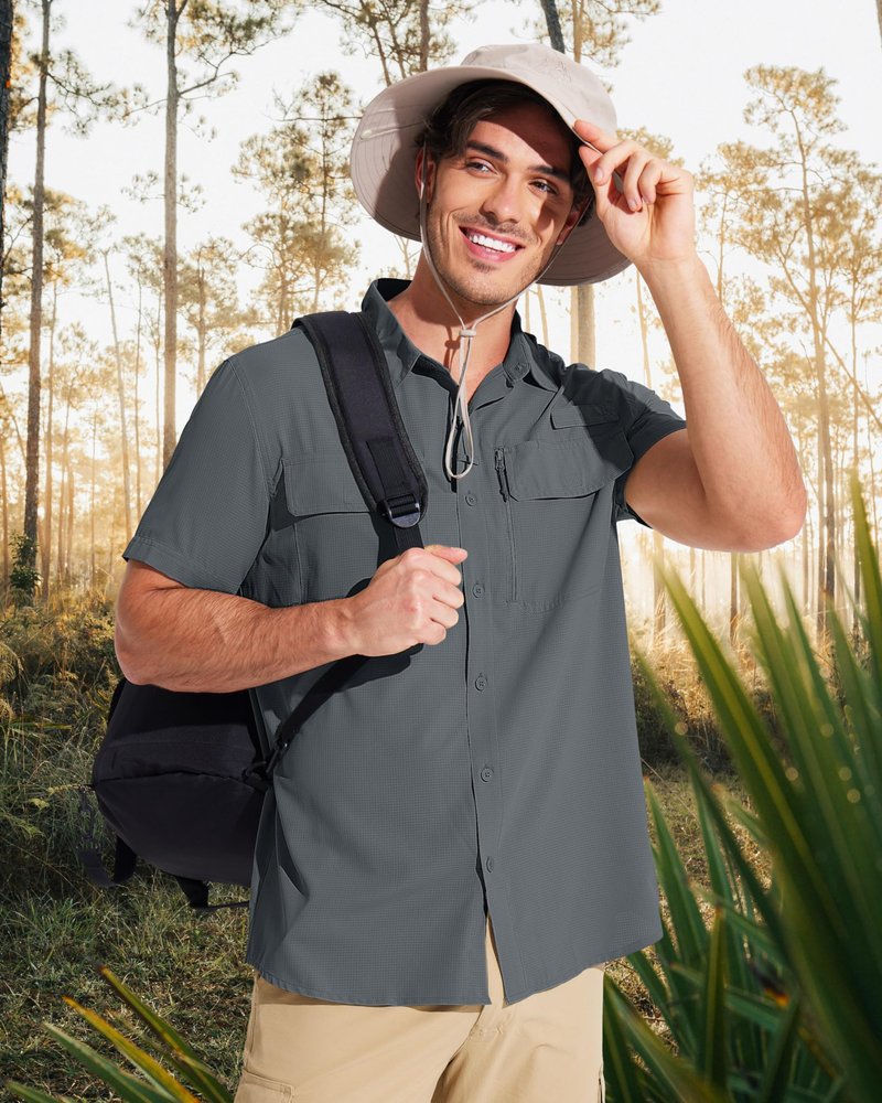 MAGCOMSEN Sun Shirts for Men Short Sleeve SPF Performance Fishing Shirts Dry Fit Light Weight Button Up Work Shirts Dark Grey M
